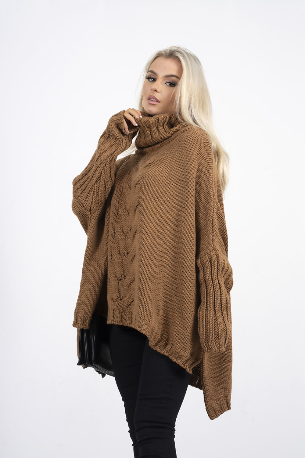 Roll Neck Braid Knit Side Split Oversized Jumper
