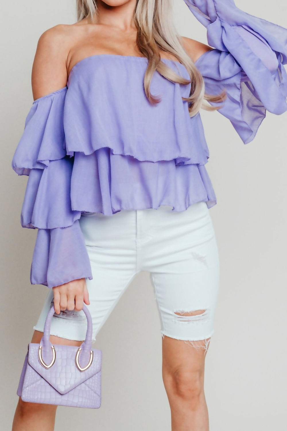 Linen Bardot Tiered Sleeve Crop Top