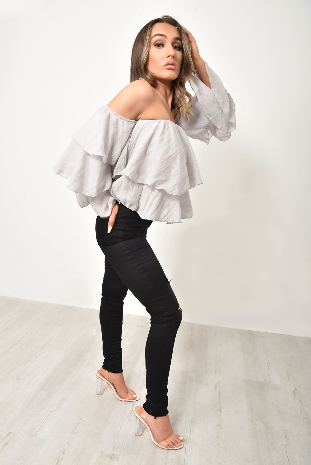 Linen Bardot Tiered Sleeve Crop Top