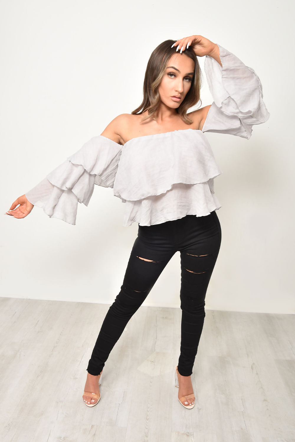 Linen Bardot Tiered Sleeve Crop Top