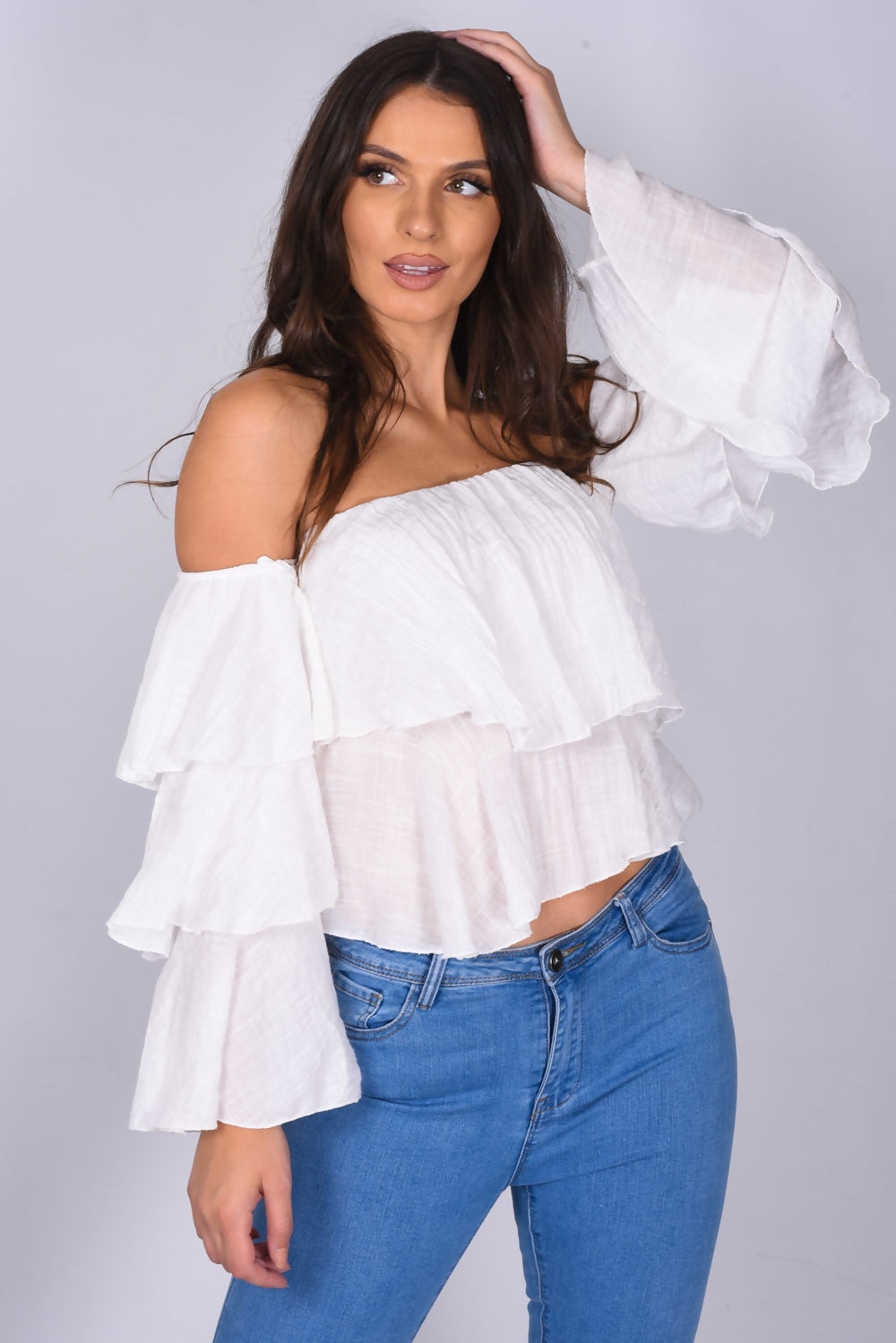 Linen Bardot Tiered Sleeve Crop Top