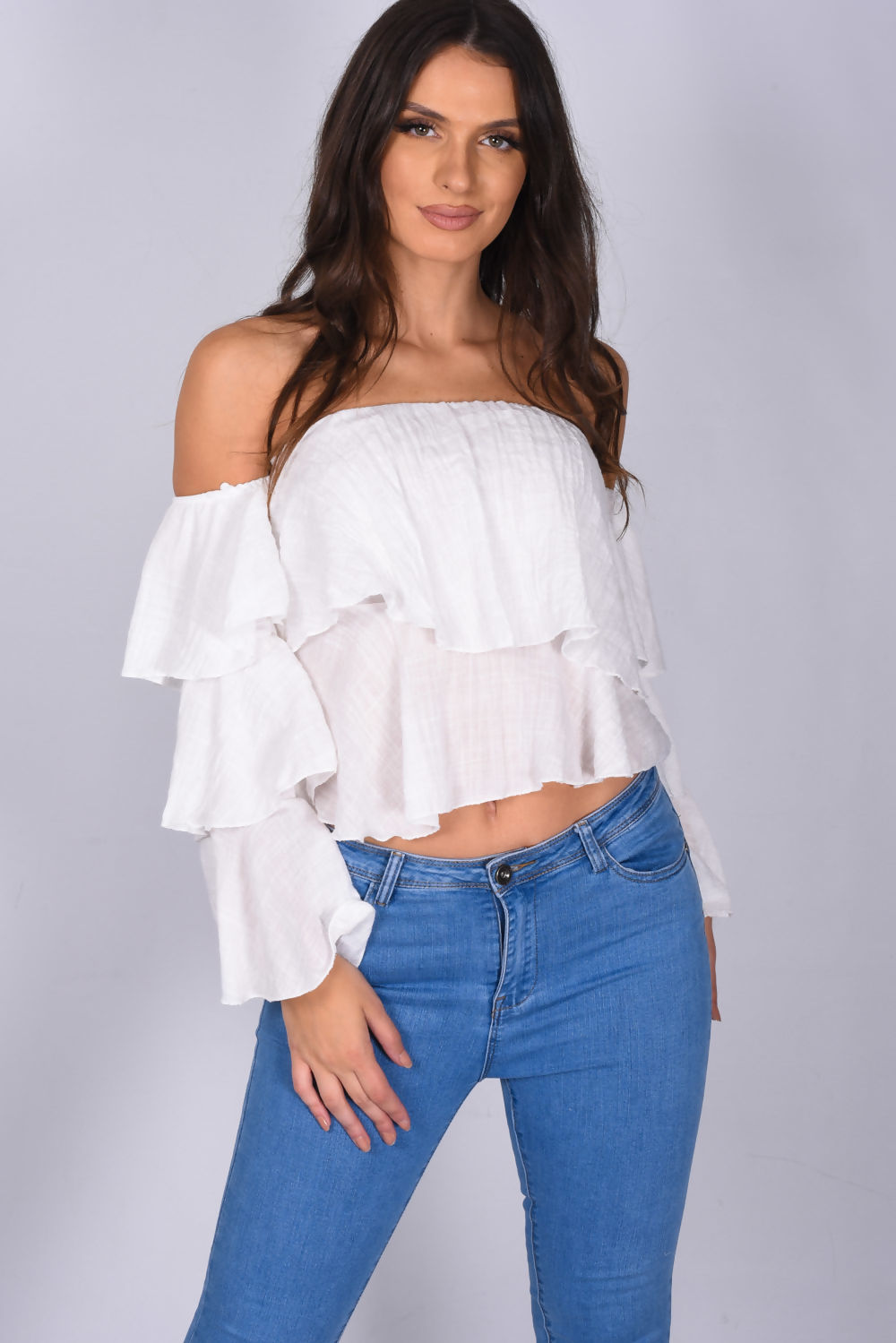 Linen Bardot Tiered Sleeve Crop Top