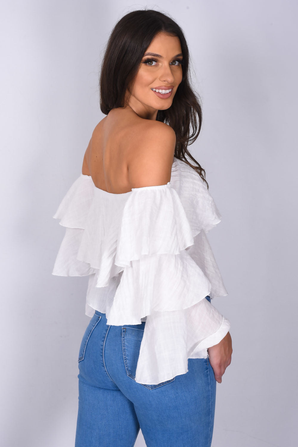 Linen Bardot Tiered Sleeve Crop Top