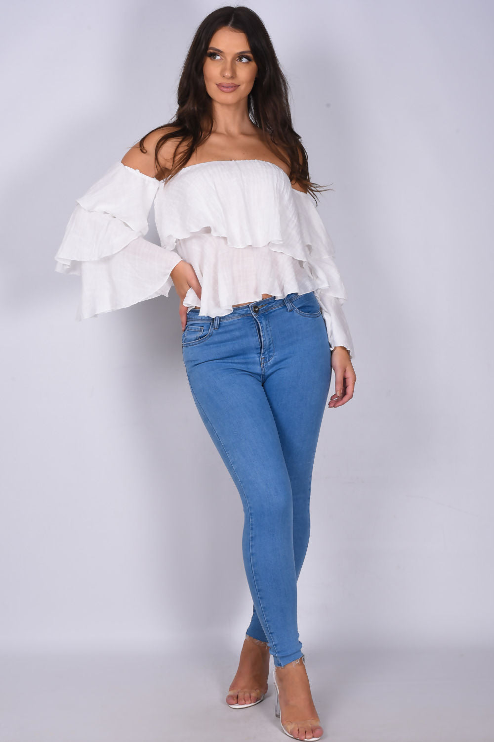 Linen Bardot Tiered Sleeve Crop Top