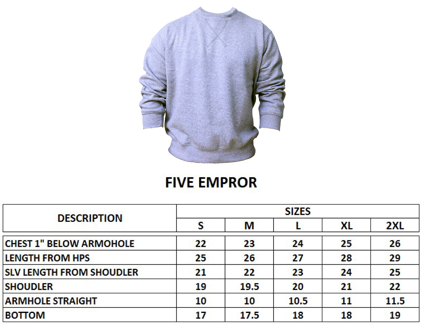 Size chart Iconic Classic Sweatshirt ~ Five Emperors