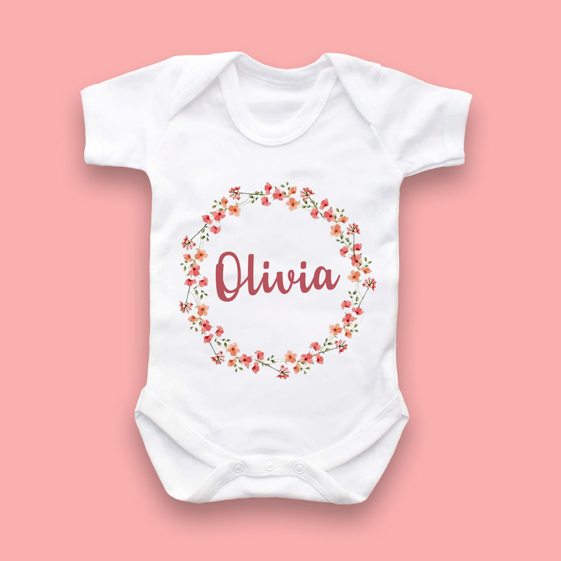 Personalised Pink Rose Flower Cotton Baby Vest, babygrow, bib, Personalised Newborn Gift, Personalised Baby Vest, Babygrow, bib, Sleepsuit