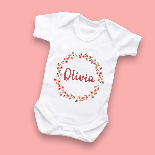 Personalised Pink Rose Flower Cotton Baby Vest, babygrow, bib, Personalised Newborn Gift, Personalised Baby Vest, Babygrow, bib, Sleepsuit