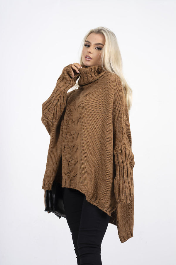 Roll Neck Braid Knit Side Split Oversized Jumper