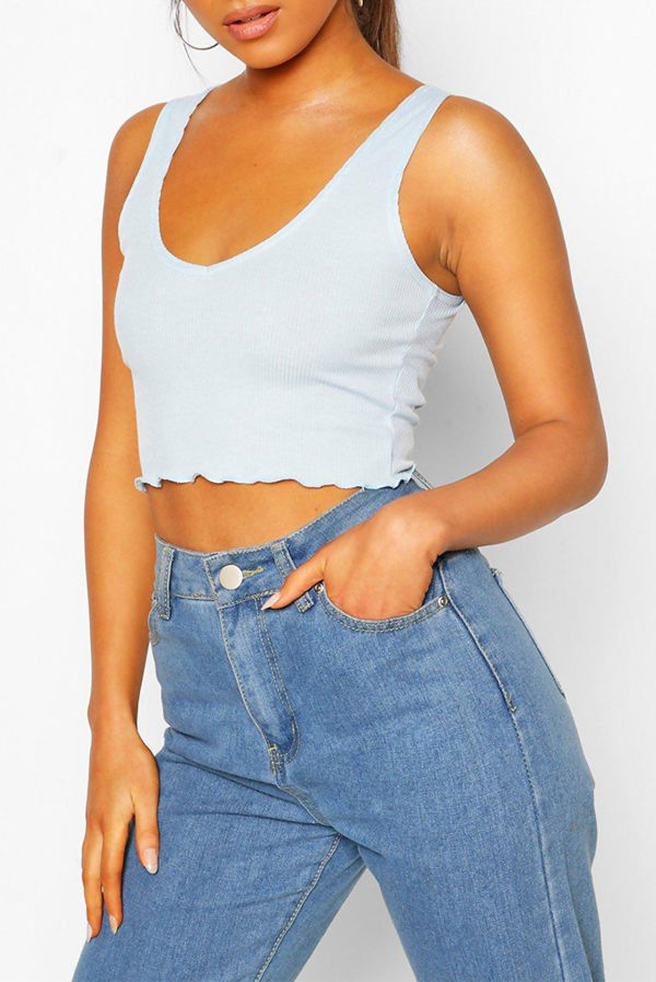 Rose Lettuce Hem V Neck Crop Top