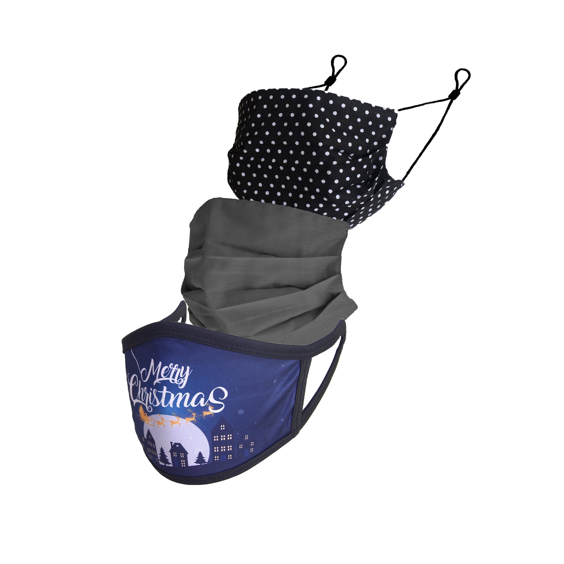 Pack of 3 Fashion Mask- Black Polka Pleated Mask, Grey Pleated Mask, Christmas Sleigh
