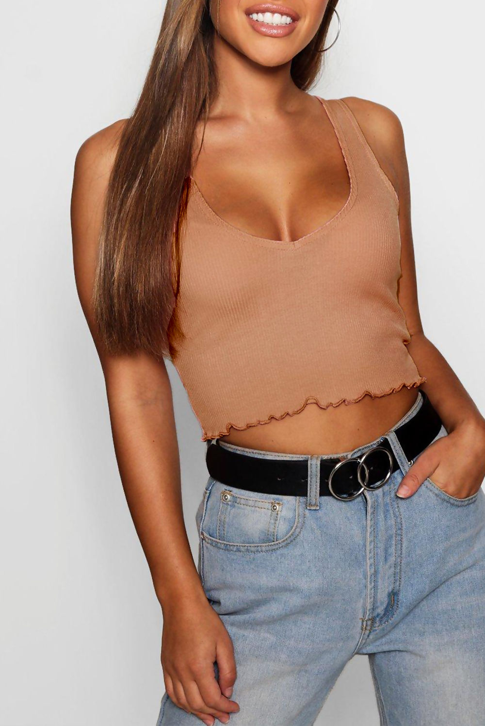 Rose Lettuce Hem V Neck Crop Top