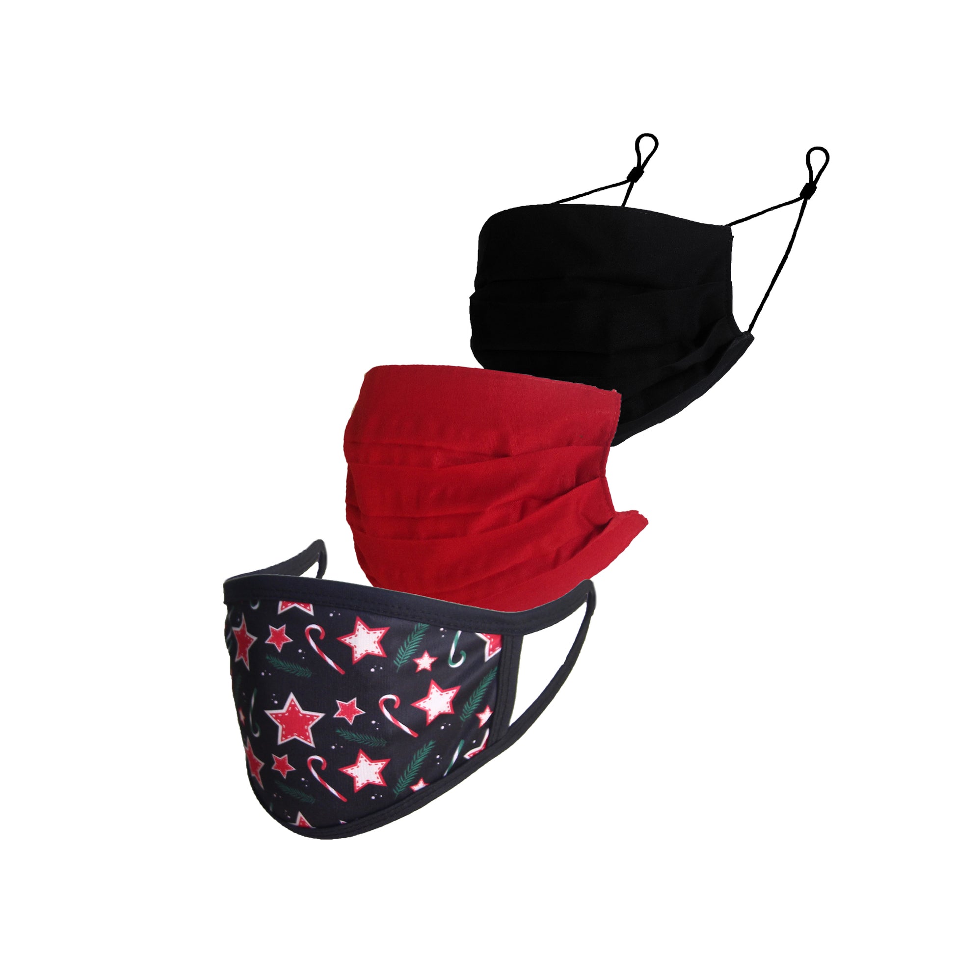 Pack of 3 Fashion Mask- Black Pleated, Ruby Red, Christmas Star