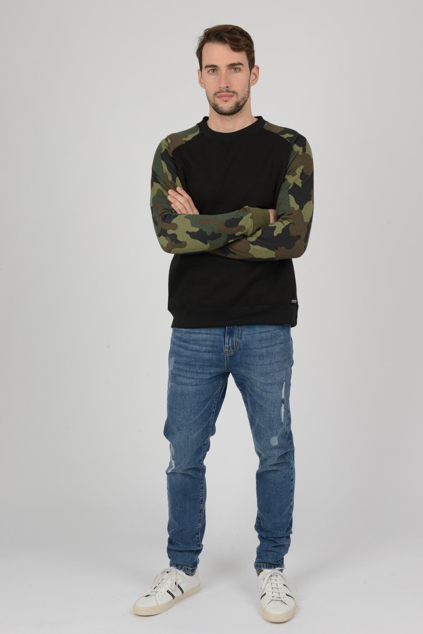 Mens Camouflage Camo Block Raglan Black Sweatshirt Top