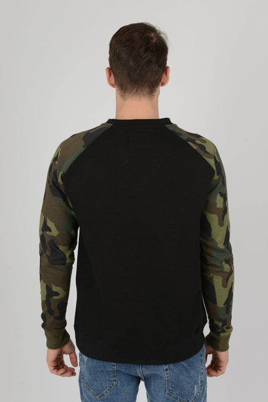 Mens Camouflage Camo Block Raglan Black Sweatshirt Top