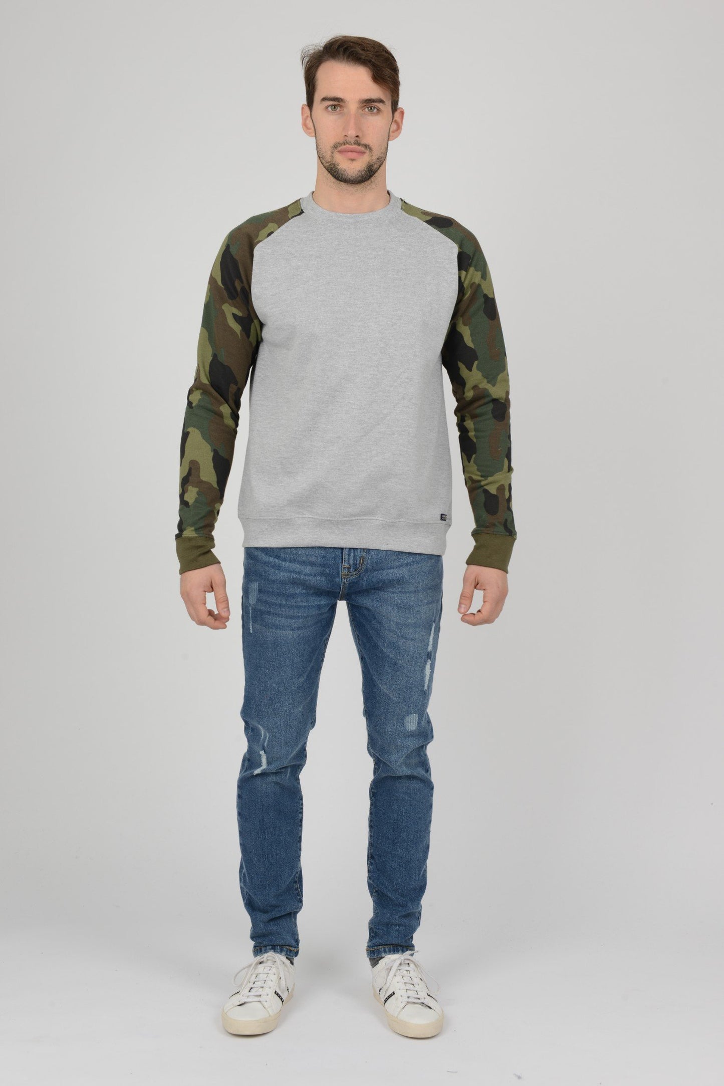 Mens Camouflage Camo Block Raglan Light Grey Sweatshirt Top