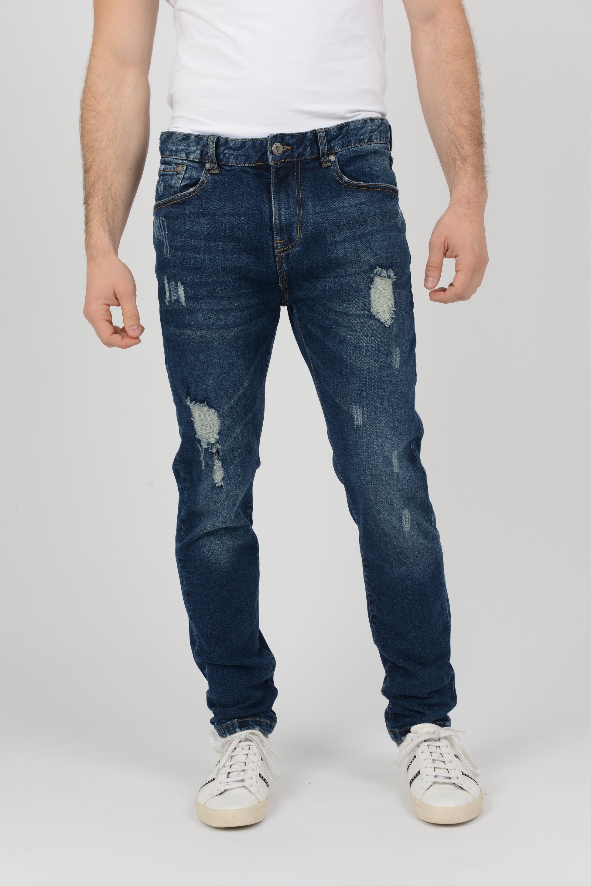 Mens Jeans Slim Fit Tapered Leg – Apollo Ripped Indigo – Five Emperors