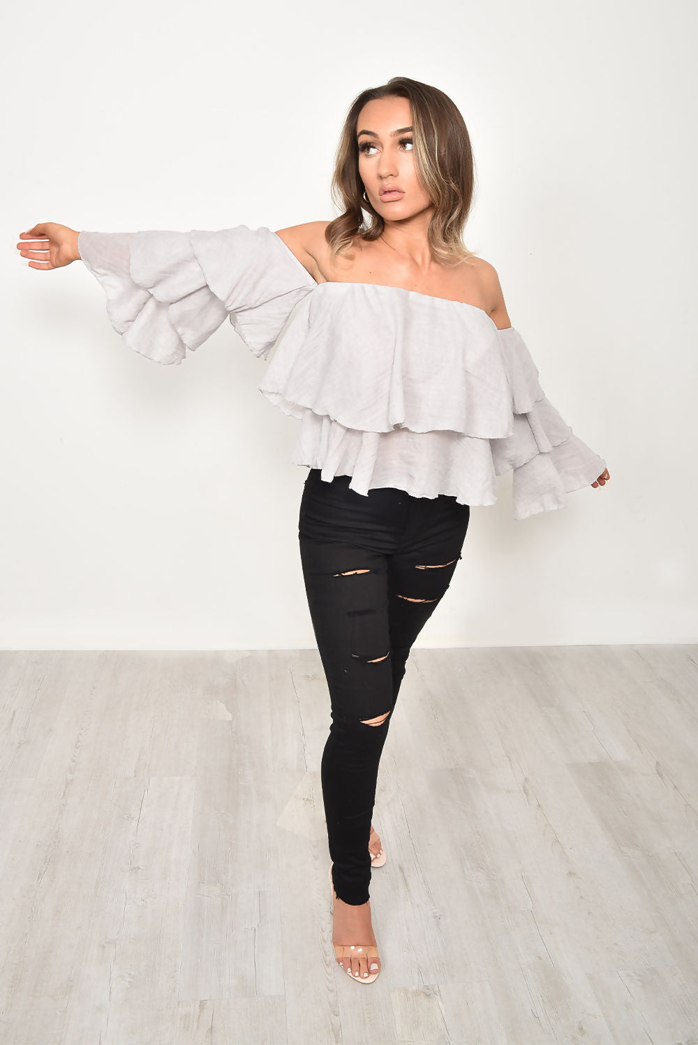 Linen Bardot Tiered Sleeve Crop Top