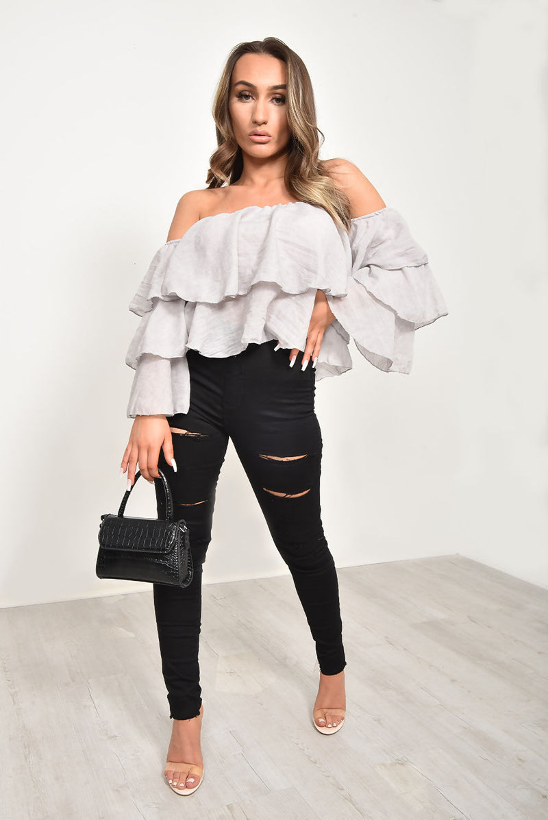 Linen Bardot Tiered Sleeve Crop Top