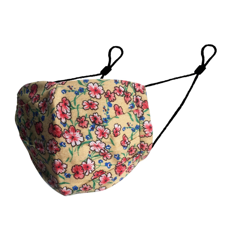 Adjustable 4 Layer Cotton Mask - Pleated Mustard Floral 