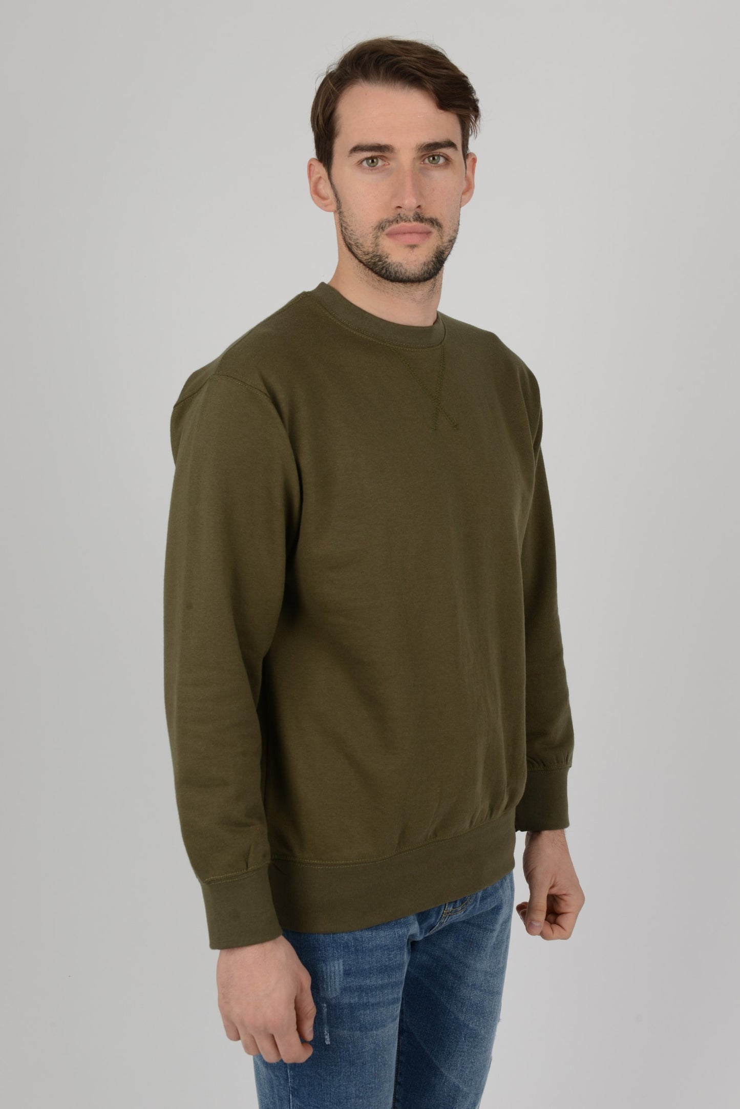 Mens-Plain-Fleece-Sweatshirt-Sweater-Olive-Green
