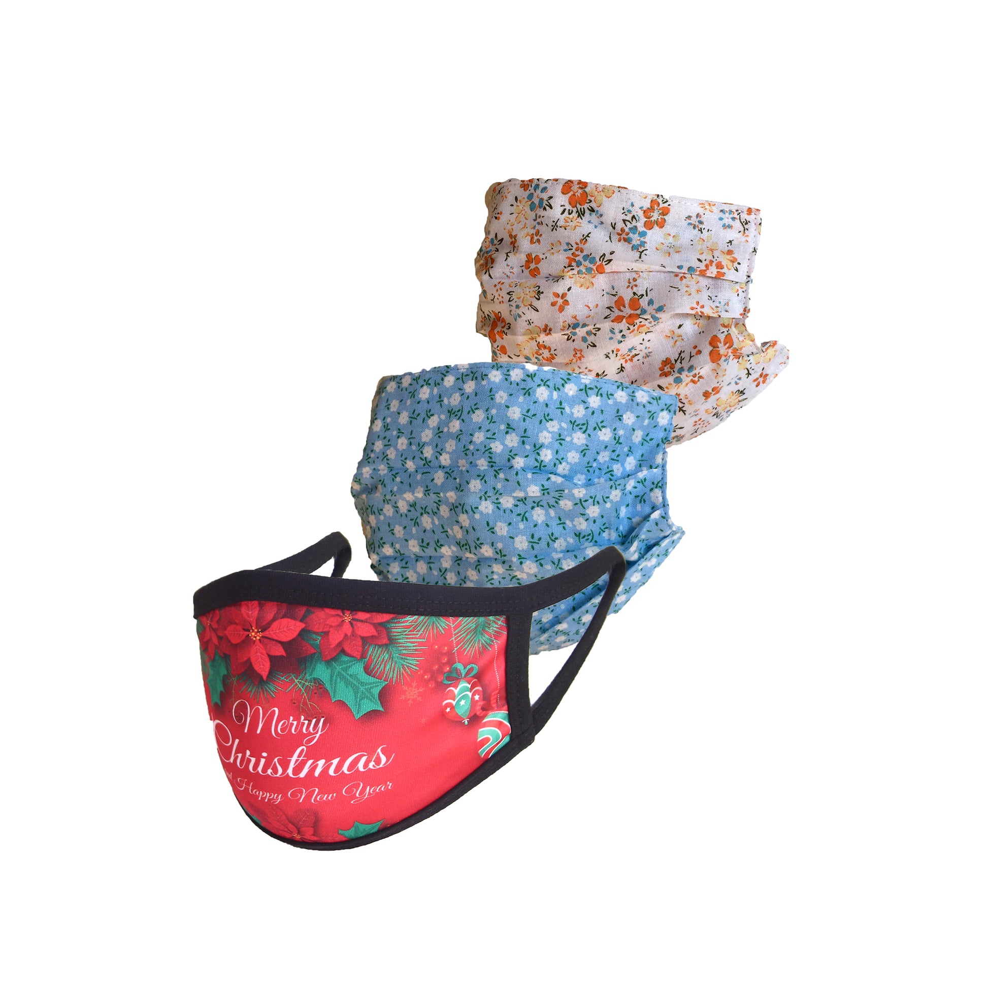 Pack of 3 Fashion Mask- Orange Floral pleated-Turquoise Pleated-Christmas Floral