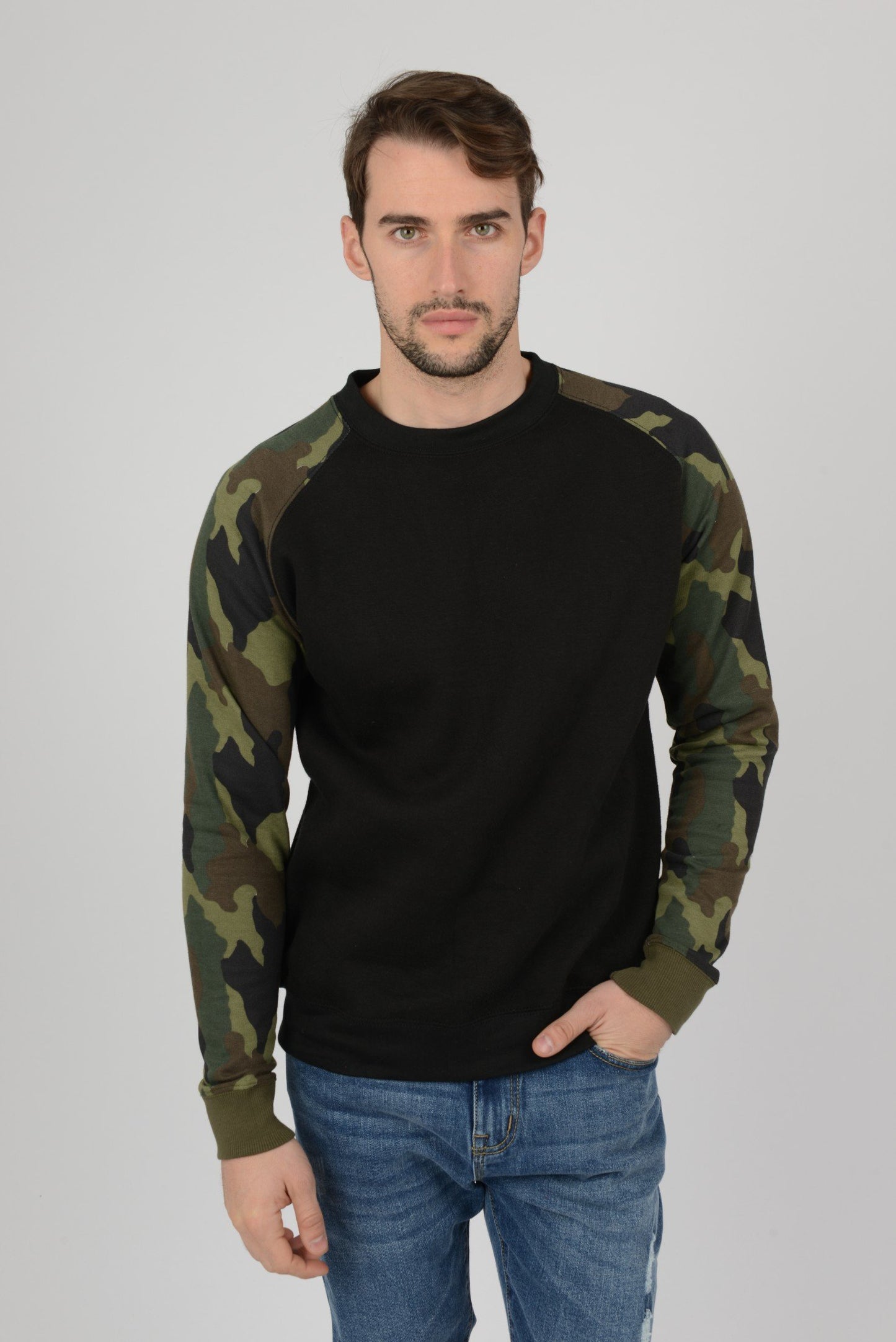 Mens Camouflage Camo Block Raglan Black Sweatshirt Top