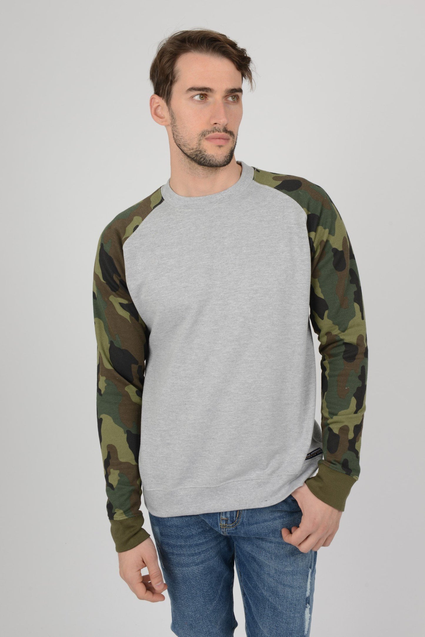 Mens Camouflage Camo Block Raglan Light Grey Sweatshirt Top