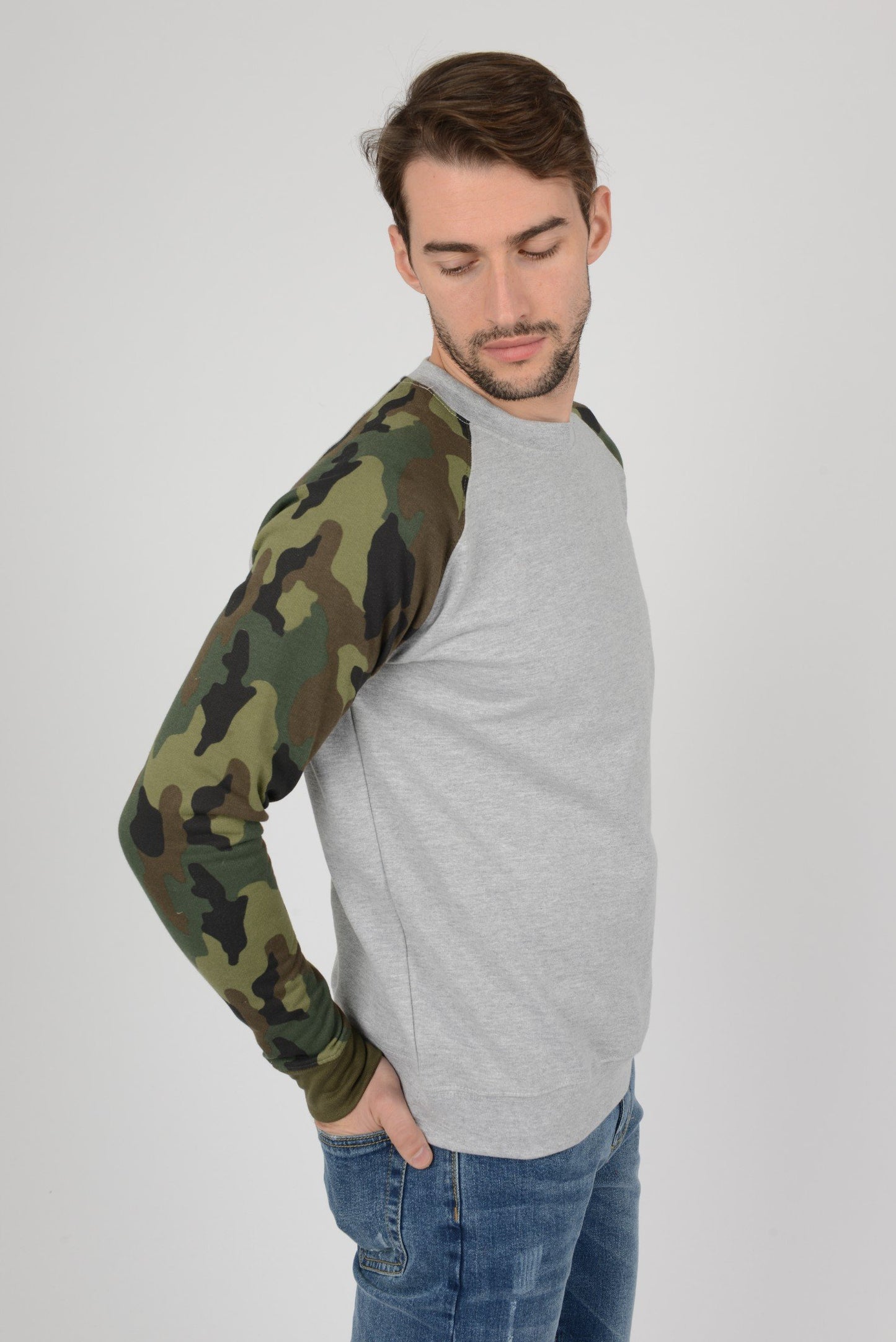 Mens Camouflage Camo Block Raglan Light Grey Sweatshirt Top