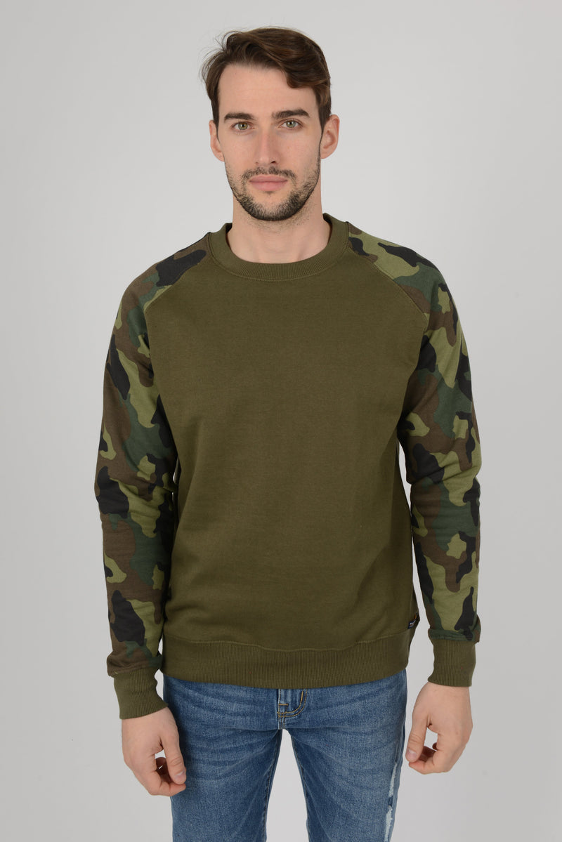 Mens Camouflage Camo Block Raglan Olive Sweatshirt Top