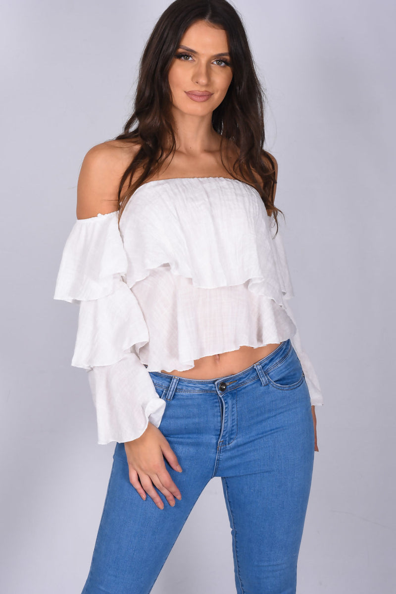 Linen Bardot Tiered Sleeve Crop Top