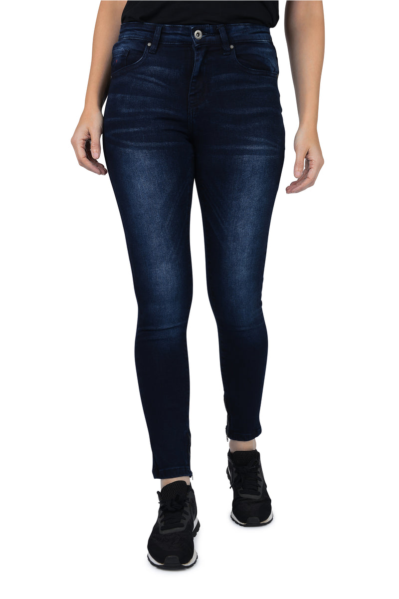 Mid-Rise Skinny Fit Ankle Zipper Jeans - Dark Blue