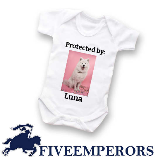 Protected By Dog Onesie, Custom Dog Breed Onesie, Personalized Dog Name Baby Onesie, Dog Sibling Outfit, Baby Shower Gift