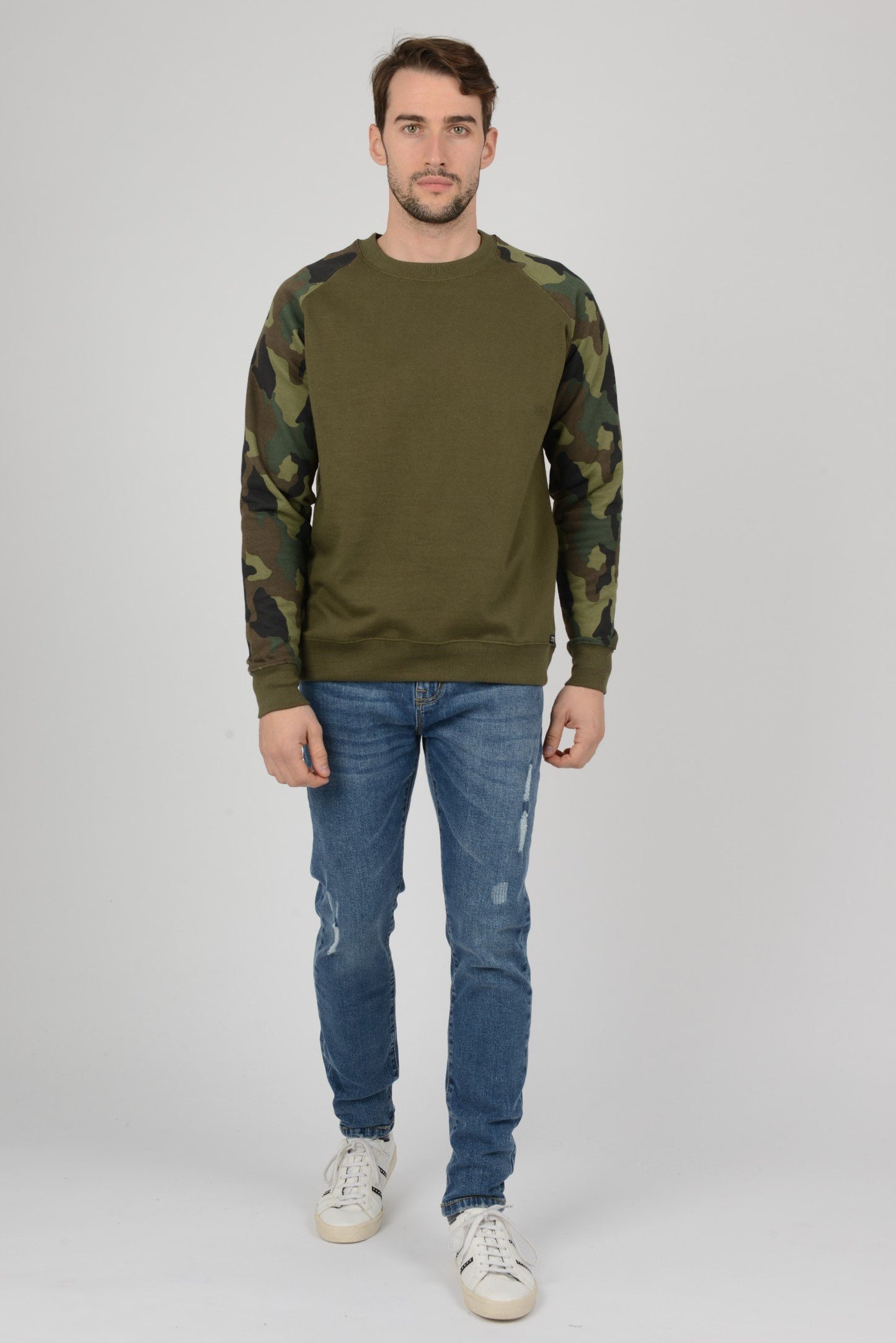 Mens Camouflage Camo Block Raglan Olive Sweatshirt Top