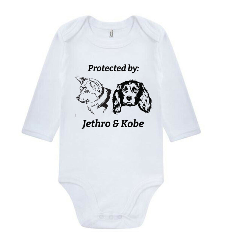 Protected By Dog Onesie, Custom Dog Breed Onesie, Personalized Dog Name Baby Onesie, Dog Sibling Outfit, Baby Shower Gift