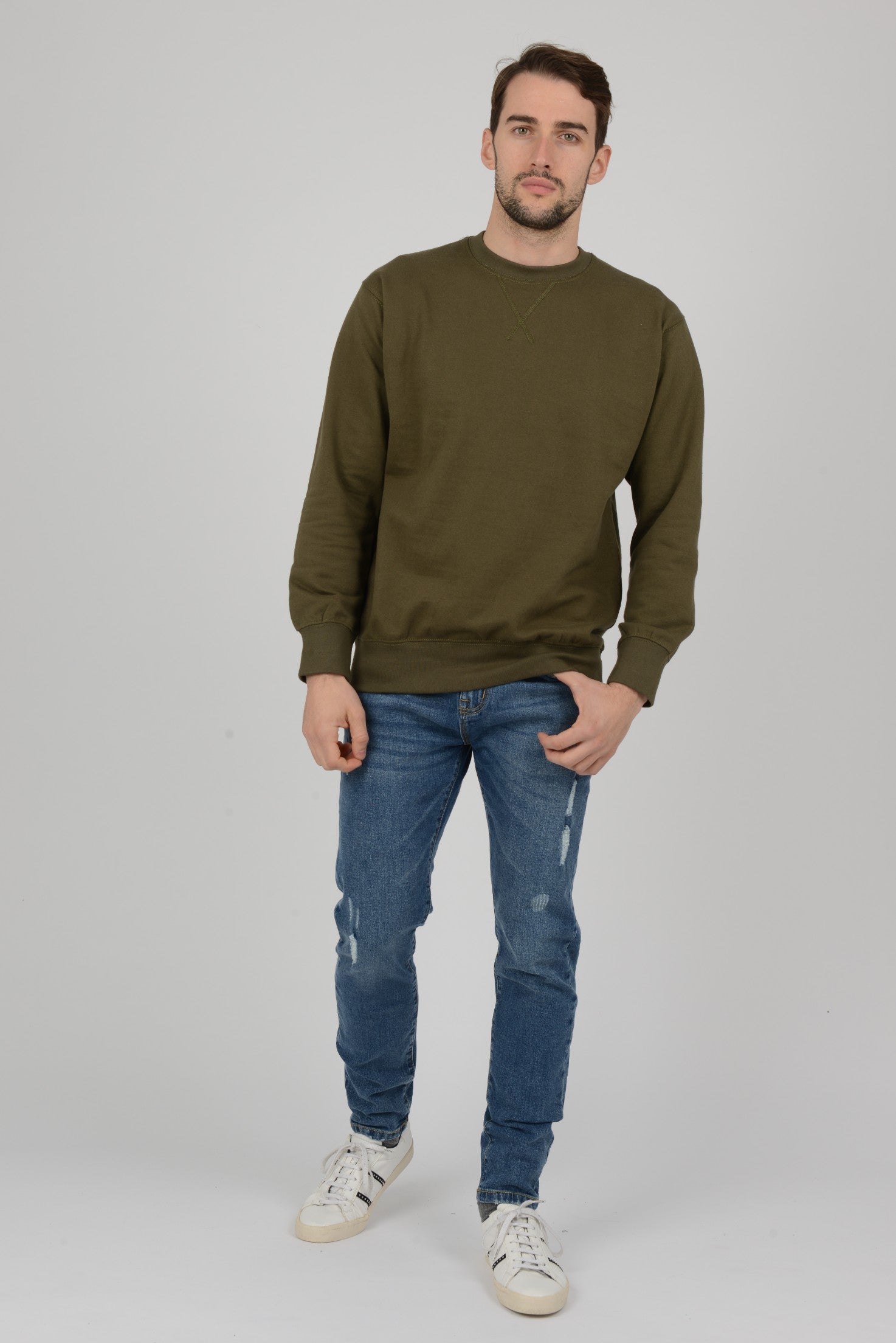 Mens-Plain-Fleece-Sweatshirt-Jumper-Olive-Green