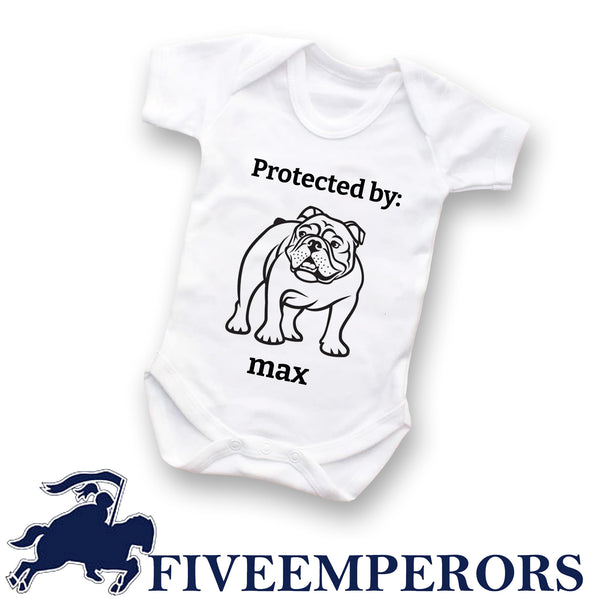 Protected By Dog Onesie, Custom Dog Breed Onesie, Personalized Dog Name Baby Onesie, Dog Sibling Outfit, Baby Shower Gift