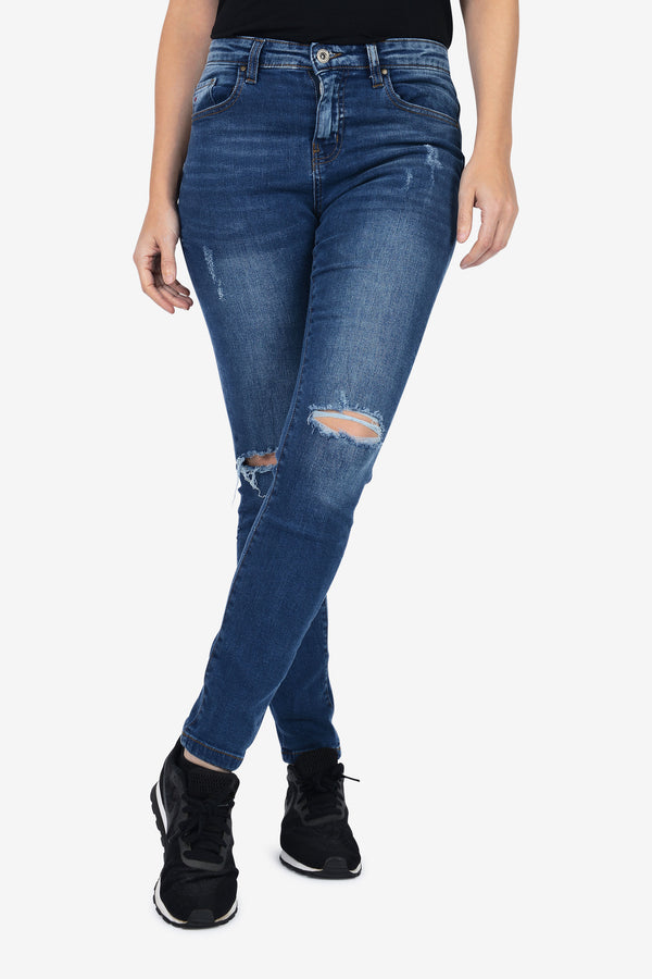 Skinny Fit Mid Waist Ripped Jeans – Deep Blue